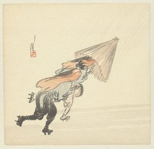 Dos músicos corriendo bajo la lluvia de Ogata Gekko