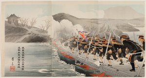 Nuestro ejército cruza el río Yalu por el puente de pontones y hace retroceder a las fuerzas enemigas para ocupar finalmente Jiuliancheng de Ogata Gessan