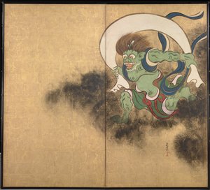 Le dieu du vent (El dios del viento) Parte derecha de un biombo de dos paneles - Obra de Ogata Korin (1658-1716), acuarela y tinta sobre papel, principios del siglo XVIII, arte japonés, mitología oriental - Museo Nacional de Tokio, Japón de Ogata Korin