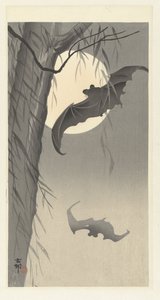 Murciélagos y luna llena de Ohara Koson