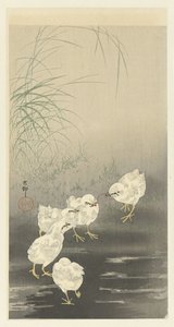 pollitos y gusano de Ohara Koson