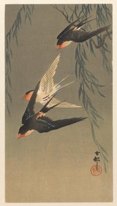 Tres golondrinas de rabadilla roja en picada de Ohara Koson