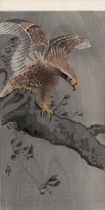 Águila con alas extendidas en tronco de árbol de Ohara Koson