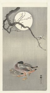 Patos en luna llena de Ohara Koson