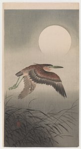Garza voladora y luna llena de Ohara Koson