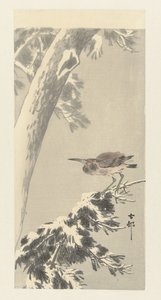garza nocturna india en la rama de un árbol cubierto de nieve de Ohara Koson
