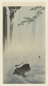 Lavandera japonesa en cascada de Ohara Koson