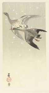 Gansos de frente blanca volando en la nieve de Ohara Koson
