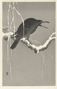 Cuervo en la rama de un árbol cubierto de nieve de Ohara Koson