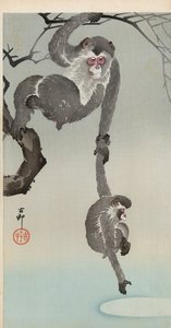 Mono y bebé alcanzando el reflejo de la luna de Ohara Koson