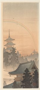 pagoda y arcoiris de Ohara Koson