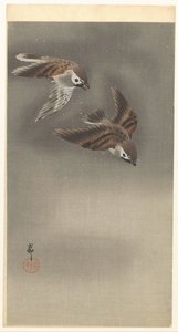 Gorriones anulares en la nieve de Ohara Koson