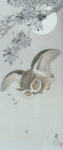 Búho en vuelo con flores y luna llena de Ohara Koson