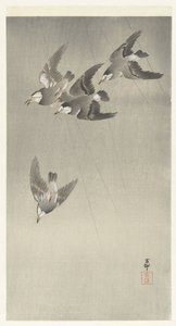 Estornino bajo la lluvia de Ohara Koson