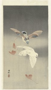 Dos palomas con hojas de ginkgo cayendo de Ohara Koson