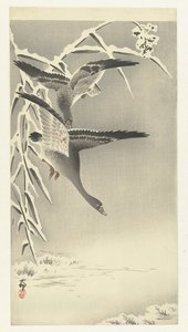 Dos gansos de frente blanca en un paisaje nevado de Ohara Koson