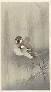 Dos gorriones de anillo bajo la lluvia de Ohara Koson