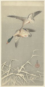 Dos patos salvajes en vuelo de Ohara Koson