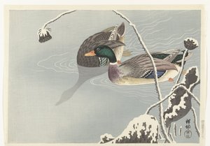 Dos patos silvestres cerca de un loto cubierto de nieve de Ohara Koson