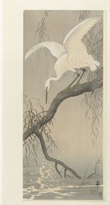 garza blanca en la rama de un árbol de Ohara Koson