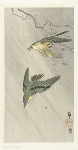Pájaros cantores bajo la lluvia de Ohara Koson