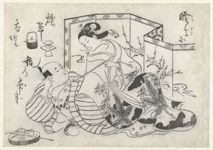 Hombre y mujer japoneses fumando frente a un biombo de Okumura Masanobu (attributed to)