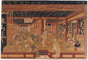 Una gran perspectiva de la tienda de telas Echigoya en Surugacho de Okumura Masanobu