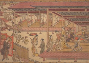 Un hombre de pie fuera de la puerta de una casa grande de Okumura Masanobu
