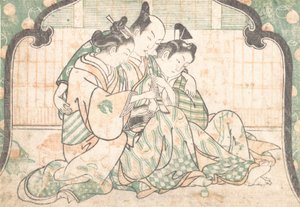 Un joven sentado entre dos mujeres de Okumura Masanobu