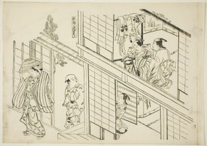 Un Joven Sanemori (Yaro Sanemori), no. 10 de una serie de 12 grabados que representan parodias de obras de teatro de Okumura Masanobu