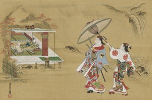 Alusión a la cabaña de Fujiwara no Teika en el monte Ogura de Okumura Masanobu