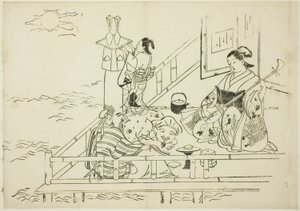 Cortesana entreteniendo a Daikoku y Fukurokuju, no. 10 de una serie de 12 impresiones de Okumura Masanobu