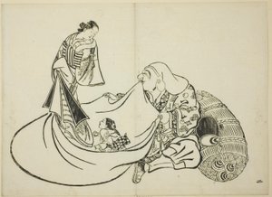 Daikoku revelando el contenido de la bolsa de Hotei, nº 2 de la serie de 12 grabados