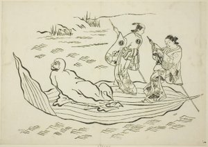 Daruma cruzando el mar en una hoja, no. 7 de una serie de 12 impresiones de Okumura Masanobu