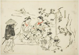Calentando sake con hojas de arce (Kanzake momijigari), nº 9 de una serie de 12 grabados que representan parodias de obras de teatro. de Okumura Masanobu