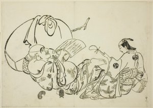Hotei leyendo un libro, no. 11 de una serie de 12 impresiones de Okumura Masanobu
