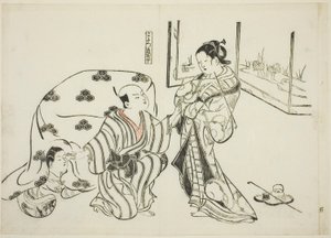 Kotatsu Dojoji, no. 5 de una serie de 12 impresiones que representan parodias de obras