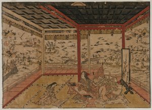 Lady Murasaki en Ishiyama contemplando un panorama con siete vistas del lago Biwa, 1740s de Okumura Masanobu