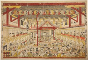 Gran imagen en perspectiva de la actuación de Kaomise en el escenario Kabuki (Shibai kyogen butai kaomise o uki-e)
