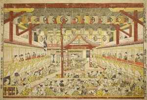 Gran cuadro en perspectiva de la actuación de Kaomise en el escenario Kabuki de Okumura Masanobu