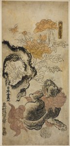 León y peonías de Okumura Masanobu