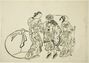 Midiendo la altura de Daikoku, no. 5 de una serie de 12 grabados de Okumura Masanobu