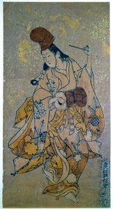 Mujer tocando el tambor. Estampa japonesa de Okumura Masanobu de Okumura Masanobu