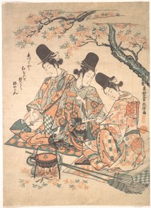 Parodia de sirvientes de palacio calentando sake sobre un fuego de hojas de arce de Okumura Masanobu