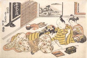 Placa del libro erótico Montículos de colores teñidos: un libro de patrones para el boudoir, ca. 1736-44 de Okumura Masanobu