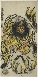 Shoki el matademonios afilando su espada, c.1725 (xilografía coloreada a mano; hosoban, urushi-e) de Okumura Masanobu