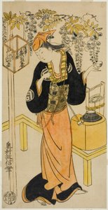 El actor Sanogawa Mangiku I como Ohatsu en la obra "Sogazaki Shinju," representada en el Teatro Nakamura en el cuarto mes, 1719
