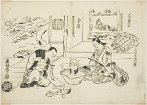 La flauta de bambú y el árbol en maceta (Shakuhachi hachi-no-ki), nº 12 de una serie de 12 grabados que representan parodias de obras de teatro de Okumura Masanobu