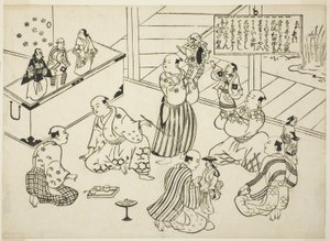 El camerino de un teatro de marionetas, el índice de la serie "Escenas famosas de obras de marionetas japonesas (Yamato irotake)" de Okumura Masanobu