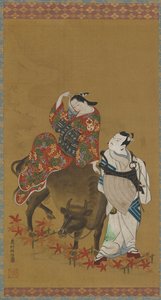 Dos actores kabuki en los papeles de una cortesana en un búfalo de agua y un sacerdote viajero, 1686-1764 de Okumura Masanobu